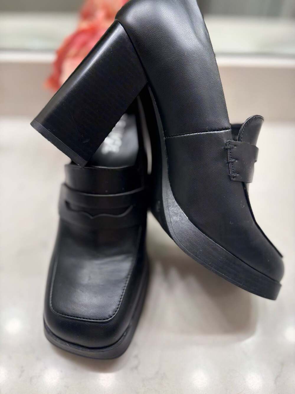 Rouge Helium Black Platform Block Heel Penny Loafers Size 10